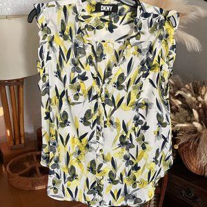 Women’s Sz. L DKNY High-Low Sleeveless Shirt Top with Blue and Yellow Florals